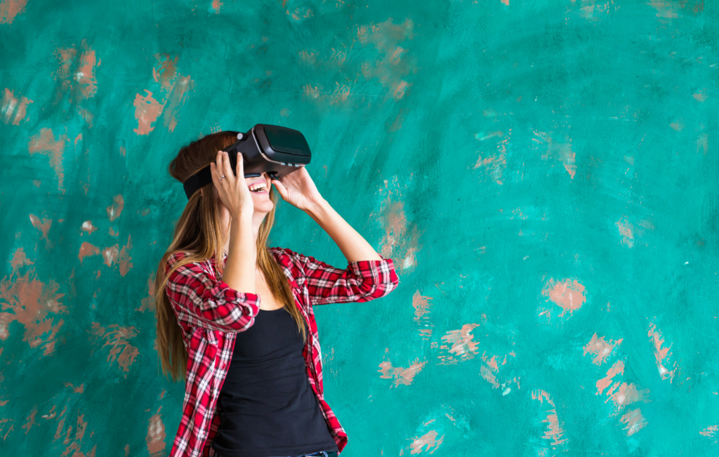 woman looking through VR headset